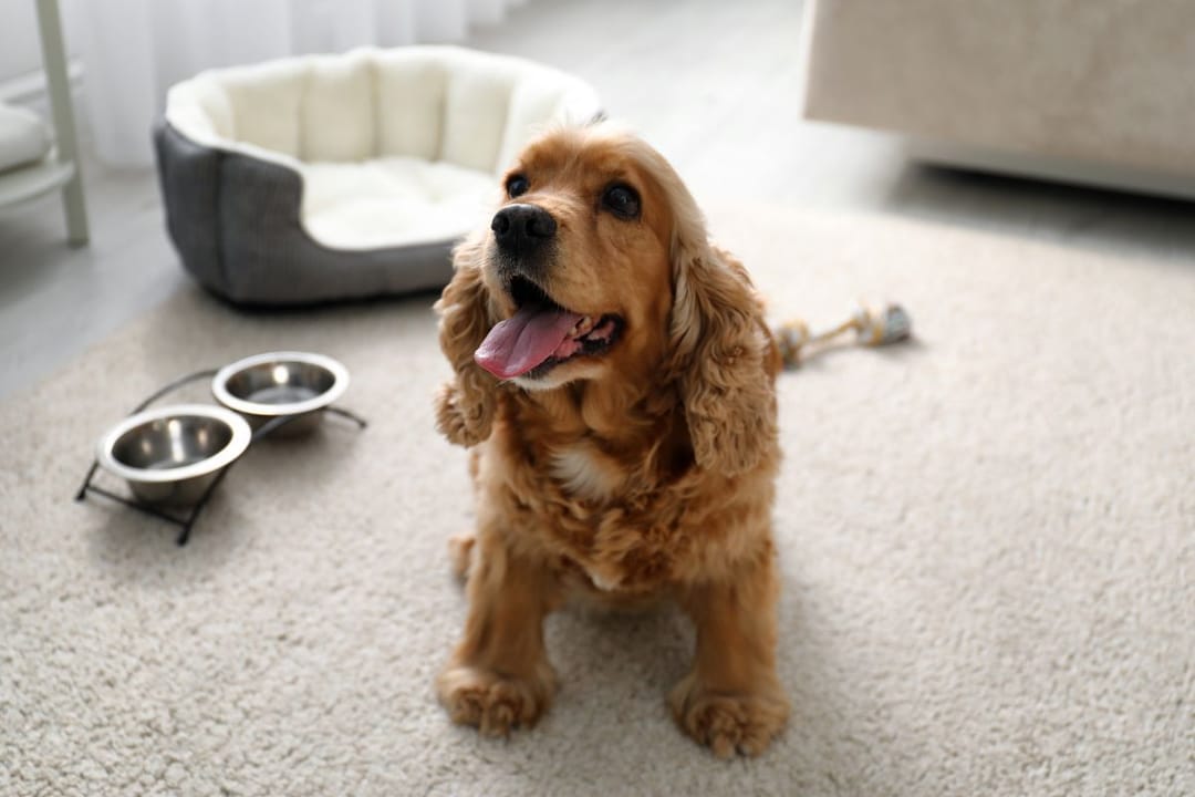 A happy, golden Cocker Spaniel sits waiting patiently for their dinner at their borrower's